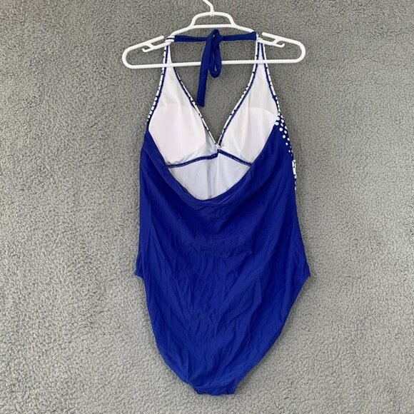 Women's Blue Polka Dot Halter One Piece Swimsuit Retro Color Block XL - Picture 5 of 6